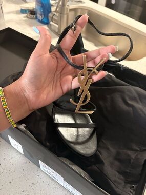 Saint Laurent Black Leather Sandal with Gold YSL Logo